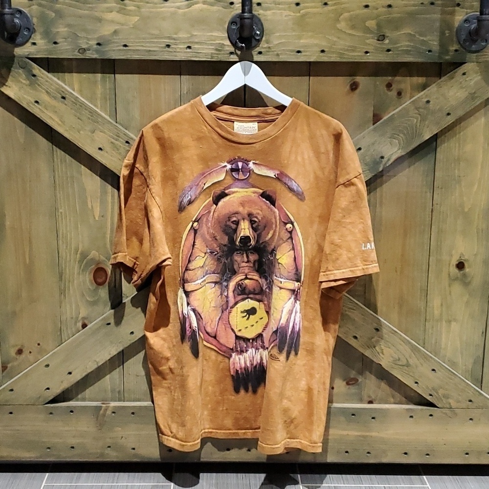 90s TEE TRIBAL VTG LAKE TAHOE MOUNTAIN TIE DYE BEAR NATIVE AMERICAN FEATHER